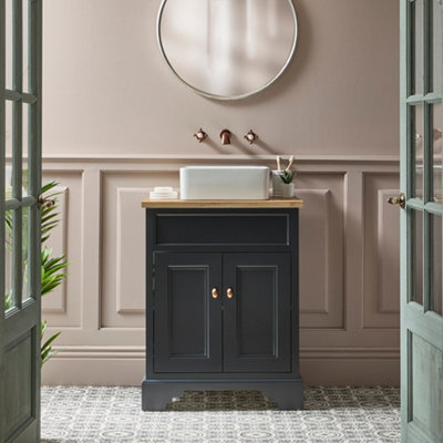 Homestylestore Black Grey And Oak 645mm Bathroom Vanity Unit With Square Countertop Basin And Brushed Copper Square Handles - image 1