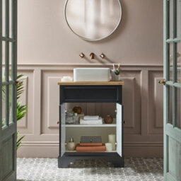 Homestylestore Black Grey And Oak 645mm Bathroom Vanity Unit With Square Countertop Basin And Brushed Copper Square Handles - thumbnail 2