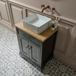 Homestylestore Black Grey And Oak 645mm Bathroom Vanity Unit With Square Countertop Basin And Brushed Copper Square Handles - thumbnail 3