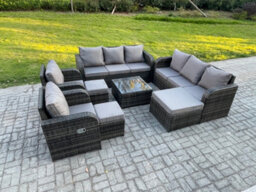 Fimous High Back Rattan Garden Furniture Set With Square Coffee Table 3 Footstools Patio Lounge Sofa Set Dark Grey Mixed - thumbnail 2