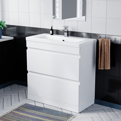 Nes Home White 800mm Pvc 2 Drawer Vanity Cabinet & Basin Sink Floor Standing - image 1
