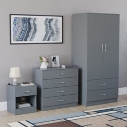 Lassic Vida Designs Riano 3 Piece Bedroom Set (1 Drawer Bedside Chest, 4 Drawer Chest, 2 Door 2 Drawer Wardrobe), Grey - thumbnail 6