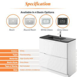 Plum&clay Eden Gloss White Floorstanding Vanity Unit With Grey Glass Basin (W)900mm - thumbnail 7