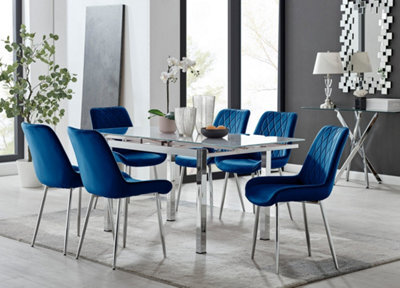 Furniturebox Uk 6 Seater Dining Set - Enna White Glass & Chrome Extendable Dining Table And Chairs - 6 Navy Velvet Pesaro Chairs - image 1
