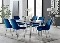 Furniturebox Uk 6 Seater Dining Set - Enna White Glass & Chrome Extendable Dining Table And Chairs - 6 Navy Velvet Pesaro Chairs