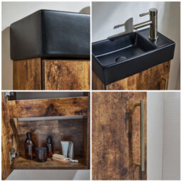 Homestylestore 400mm Dark Oak Wall Hung Bathroom Vanity Unit Black Basin And Aged Gold T Bar Handle - thumbnail 2