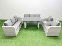 Fimous 8 Seater Wicker Pe Rattan Furniture Outdoor Dining Table 3 Seater Sofa Reclining Chair Set Light Grey - thumbnail 1