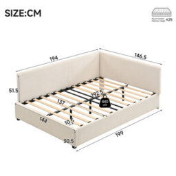 Merax 4Ft6 Double Bed, Daybed 135 X 190 Cm, Corduroy Upholstered Bed Frame With Side Rails And Tall Headboards, Beige - thumbnail 4