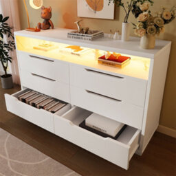 Abrihome Marbled 6-Drawer Sideboard, Modern Storage Cabinet With Rgb Led Lighting & Shelves, 85 X 120 X 40 Cm, White - thumbnail 8