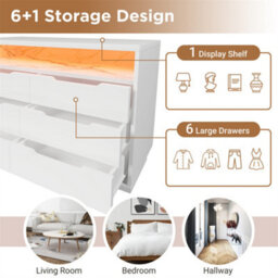 Abrihome Marbled 6-Drawer Sideboard, Modern Storage Cabinet With Rgb Led Lighting & Shelves, 85 X 120 X 40 Cm, White - thumbnail 3