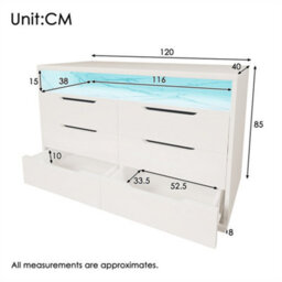 Abrihome Marbled 6-Drawer Sideboard, Modern Storage Cabinet With Rgb Led Lighting & Shelves, 85 X 120 X 40 Cm, White - thumbnail 5