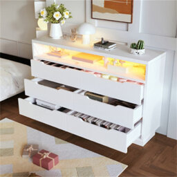 Abrihome Marbled 6-Drawer Sideboard, Modern Storage Cabinet With Rgb Led Lighting & Shelves, 85 X 120 X 40 Cm, White - thumbnail 7