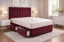 Comfy Deluxe 9 Panel Maroon Suede 5Ft King Size Bed Set With Orthopaedic Mattress And Headboard 2 Drawers One On Each Side
