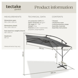 Tectake Parasol Apollo - 250 X 250 Cm, Tilt Adjustable, Protective Cover Included - Light Grey - thumbnail 6
