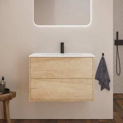 Banyetti Mattila Noir 800mm Wall Hung Vanity Unit With Matt Black Handles - Rustic Oak - image 1