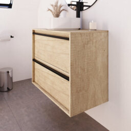 Banyetti Mattila Noir 800mm Wall Hung Vanity Unit With Matt Black Handles - Rustic Oak - thumbnail 2