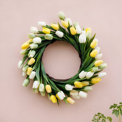 Primrose Artificial Tulip Flower Wreath With Hanging Loop In Yellow 50Cm - image 1
