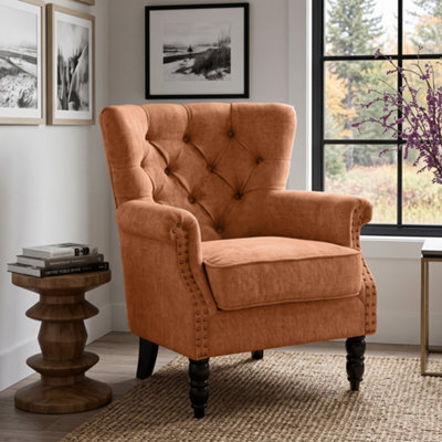 Tufted Orange Accent Chair Liana With Black Wooden Legs - Small Living Room Fabric Armchair - image 1