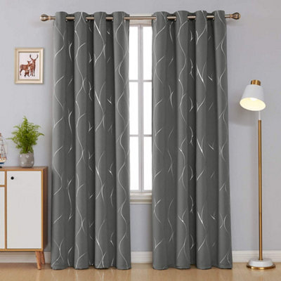 Deconovo Eyelet Thermal Curtains, Silver Wave Line Foil Printed Blackout Curtains For Nursery, 66 X 72 Inch, Light Grey, 2 Panels - image 1