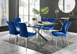 Furniturebox Uk Leonardo Glass And Chrome Metal Dining Table And 6 Blue Nora Velvet Silver Leg Chairs