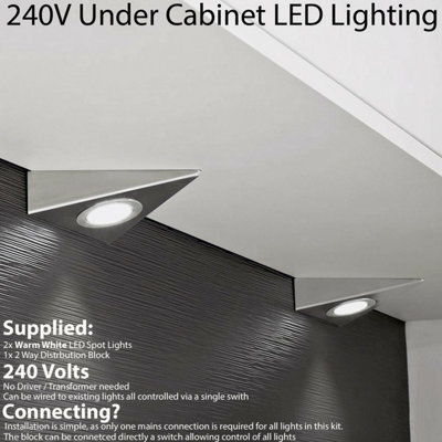 Brushed Nickel Triangle Led Under Cabinet Light Kit - 2 Warm White Spotlights - 240V Mains Powered - image 1
