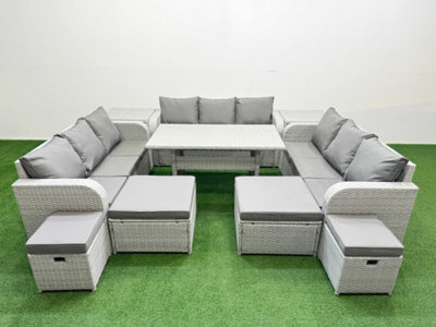 Fimous 10 Seater Outdoor Garden Furniture Set With Dining Table 3 Seater Sofa 2 Big Footstools 2 Side Tables Light Grey - image 1