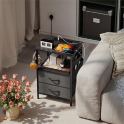 Slim Side Table With Charging Station, Bedside Table, Black - thumbnail 6