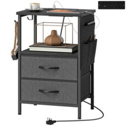 Slim Side Table With Charging Station, Bedside Table, Black - thumbnail 1