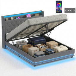 Homcom Lift Up Storage Bed Frame With Rgb Led Lights, 150 X 200Cm, Dark Grey - thumbnail 2