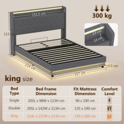 Homcom Lift Up Storage Bed Frame With Rgb Led Lights, 150 X 200Cm, Dark Grey - thumbnail 3