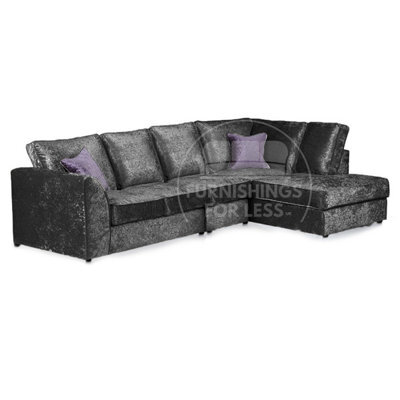 Furnishings For Less UK Crystal Crushed Velvet Fabric 5 Seater L Shaped Corner Sofa  Black Right Hand Facing - Full Back - image 1