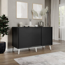 Urbn-Living Urbnliving 3-Door Sliding Cabinet Sideboard Black Carcass With Black Doors Storage Organiser Home Cupboard White Wooden Legs - thumbnail 3