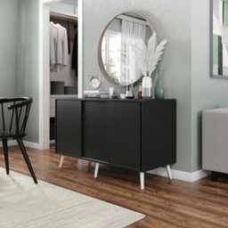 Urbn-Living Urbnliving 3-Door Sliding Cabinet Sideboard Black Carcass With Black Doors Storage Organiser Home Cupboard White Wooden Legs - thumbnail 2