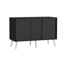 Urbn-Living Urbnliving 3-Door Sliding Cabinet Sideboard Black Carcass With Black Doors Storage Organiser Home Cupboard White Wooden Legs - thumbnail 1
