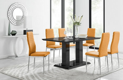 Furniturebox Imperia Black High Gloss 6 Seater Dining Table With Structural 2 Plinth Column Legs 6 Mustard Stitched Faux Leather Milan Chairs - image 1