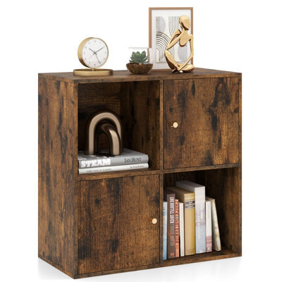 Costway 4-Cube Bookcase 3-Tier Bookshelf Storage Organizer W/2 Cabinets-Coffee - image 1