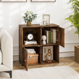 Costway 4-Cube Bookcase 3-Tier Bookshelf Storage Organizer W/2 Cabinets-Coffee - thumbnail 9