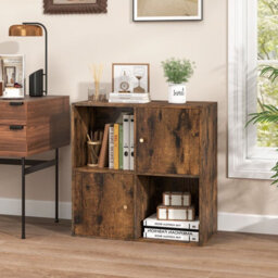 Costway 4-Cube Bookcase 3-Tier Bookshelf Storage Organizer W/2 Cabinets-Coffee - thumbnail 8