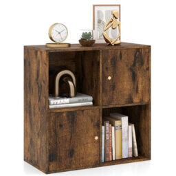 Costway 4-Cube Bookcase 3-Tier Bookshelf Storage Organizer W/2 Cabinets-Coffee - thumbnail 1