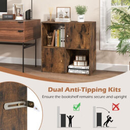 Costway 4-Cube Bookcase 3-Tier Bookshelf Storage Organizer W/2 Cabinets-Coffee - thumbnail 4