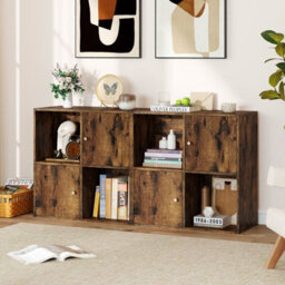 Costway 4-Cube Bookcase 3-Tier Bookshelf Storage Organizer W/2 Cabinets-Coffee - thumbnail 7