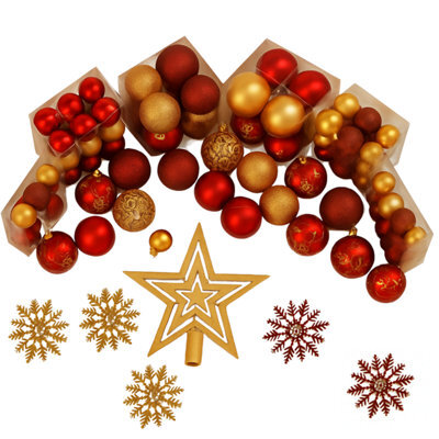 Trendi 106 Piece Red & Gold Shatterproof Christmas Bauble Set With Tree Topper Festive Ornament Set For Tree, Home & Party Decor - image 1