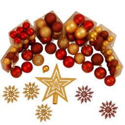Trendi 106 Piece Red & Gold Shatterproof Christmas Bauble Set With Tree Topper Festive Ornament Set For Tree, Home & Party Decor