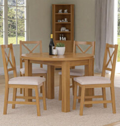 Hallowood Furniture Waverly Drop Leaf Round Table With 4 Cross Back Oak Chairs With Beige Fabric Seats