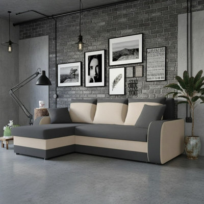 Kris M Corner Sofa Bed With Storage Ottoman Polyurethane Foam Wooden Frame Plastic Legs 238X147X80Cm Grey And Cream - image 1