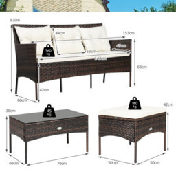 Costway 3 Pcs Patio Rattan Conversation Set Garden Corner Sofa Set W/ Coffee Table-White - thumbnail 2