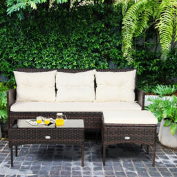 Costway 3 Pcs Patio Rattan Conversation Set Garden Corner Sofa Set W/ Coffee Table-White - thumbnail 3