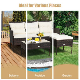 Costway 3 Pcs Patio Rattan Conversation Set Garden Corner Sofa Set W/ Coffee Table-White - thumbnail 9