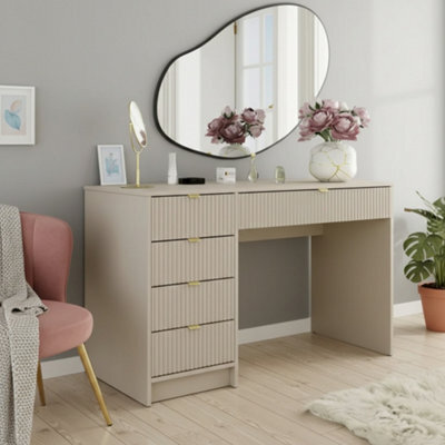 Home Office Desk With Drawers Tireno Sand Beige Laminated Mdf Grooved Fronts Modern Workstation For Bedroom Study Room - image 1