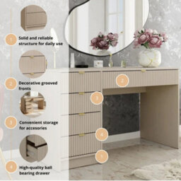 Home Office Desk With Drawers Tireno Sand Beige Laminated Mdf Grooved Fronts Modern Workstation For Bedroom Study Room - thumbnail 5